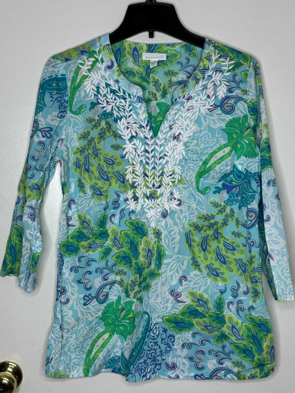 Charter Club Teal and Lime Paisley Embroidered V-Neck Tunic